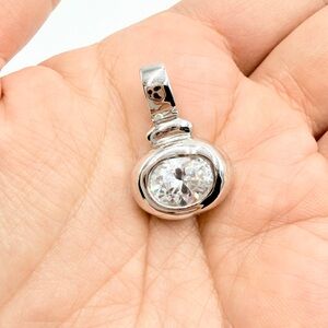 Silver Tone Round CZ Pendant Large Clear Stone Minimalist Charm